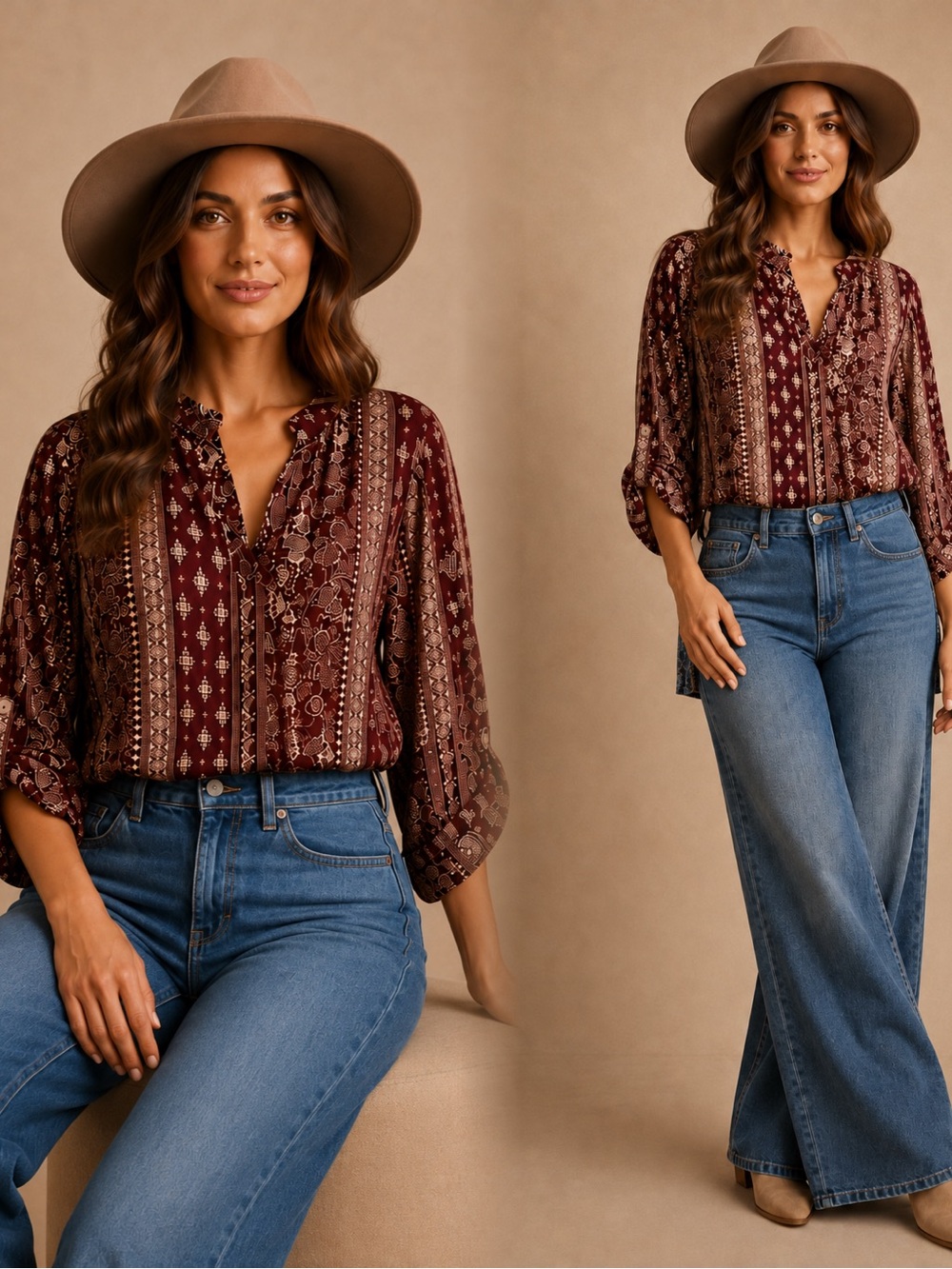Sew In Love Burgundy Printed Boho Blouse